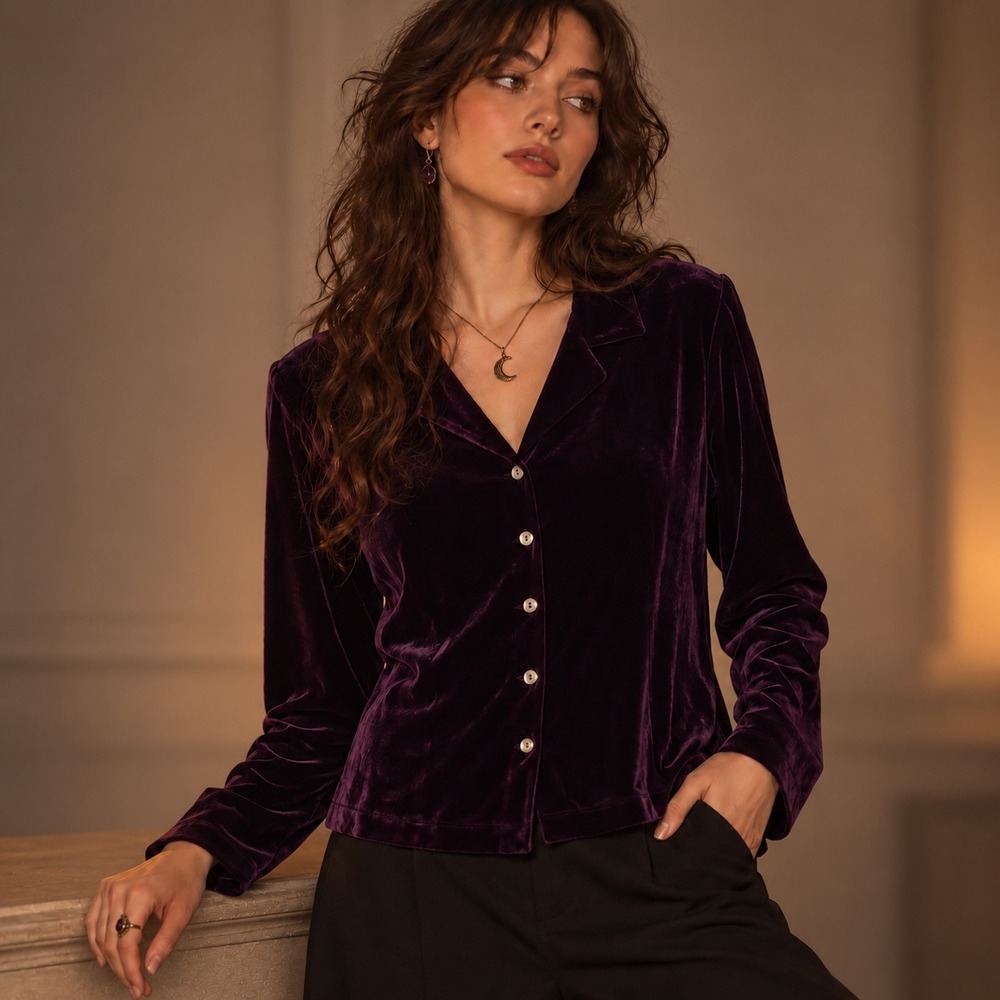 Dark Purple Velvet Button Down Blouse Long Sleeve Whimigoth Witchy Halloween 10